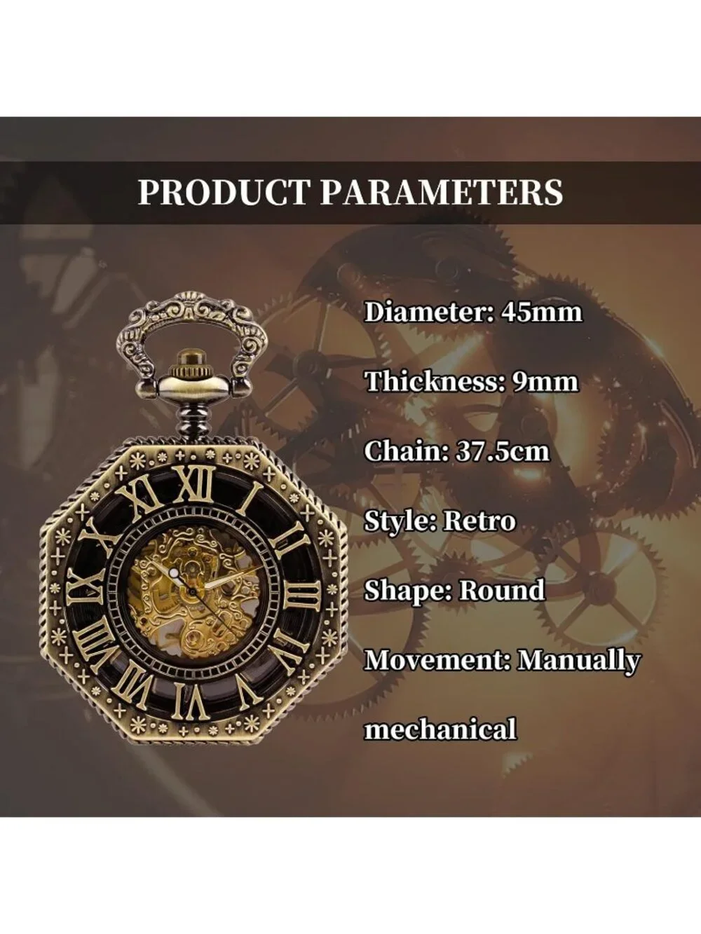 Men Black Retro Skeleton Roman Numerals Hollow Mechanical Octagonal Pocket Watch